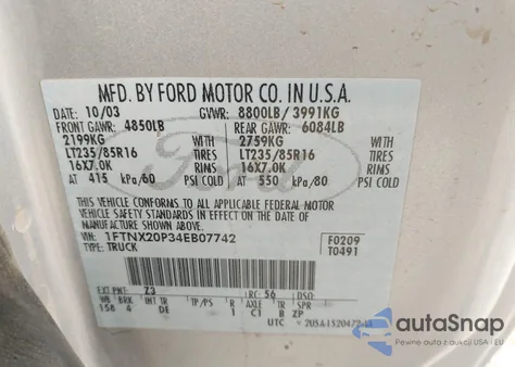 2004 Ford F-250 Lariat/Xl/Xlt из США, поврежденный, VIN 1FTNX20P34EB07742